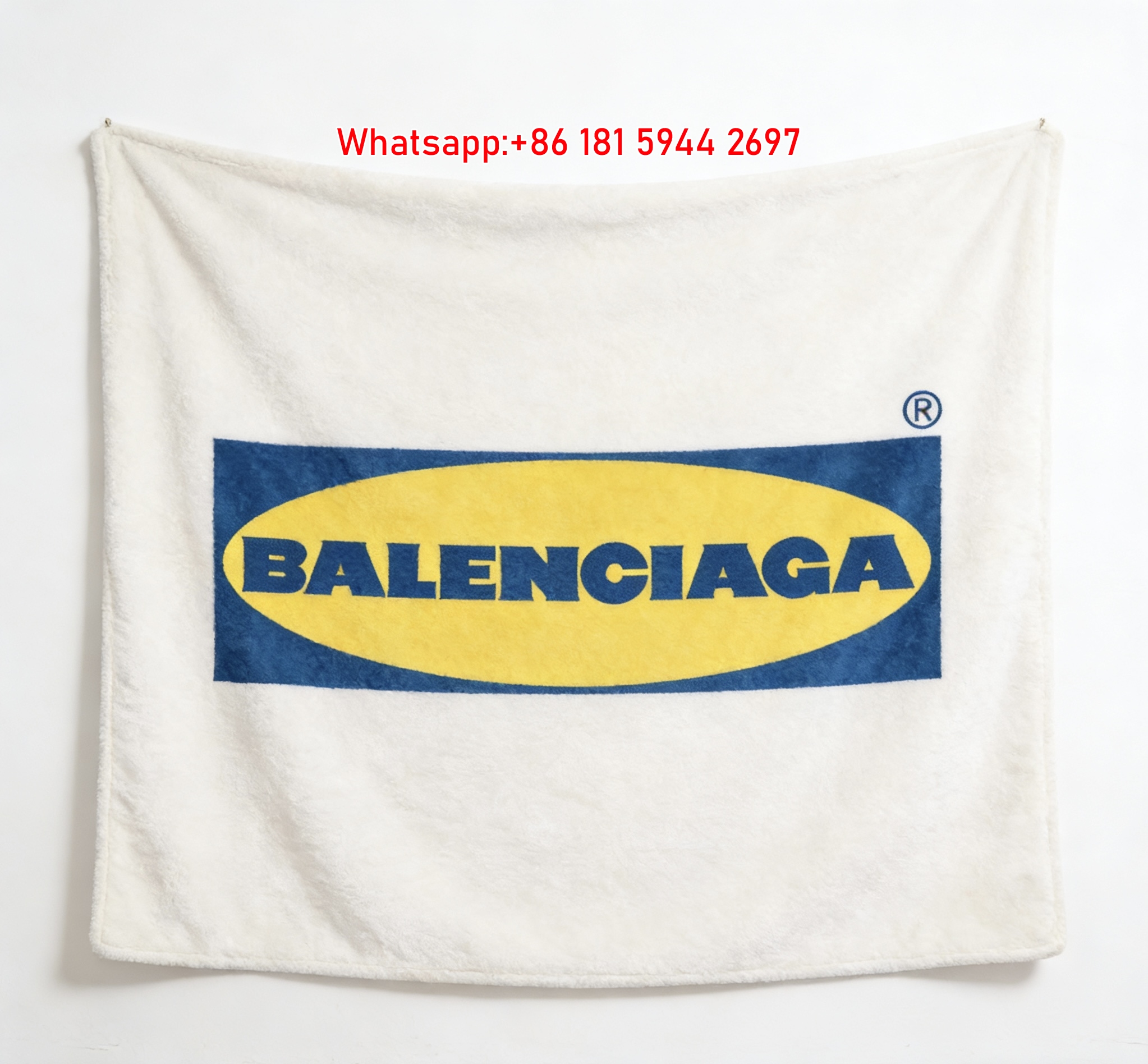 Balenciaga Blue Yellow Logo Print Flannel Sofa Throw Blanket BA411
